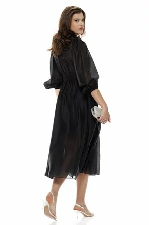 Rochie eleganta midi neagra din matase de tencel cu jabou elaborat