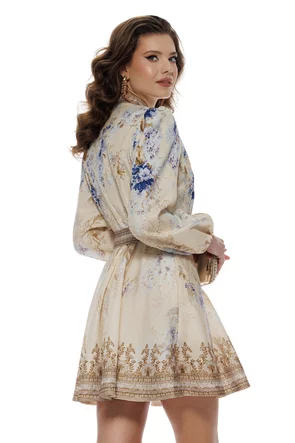 Rochie eleganta mini cu imprimeu floral cu influente baroc si nasturi bijuterie