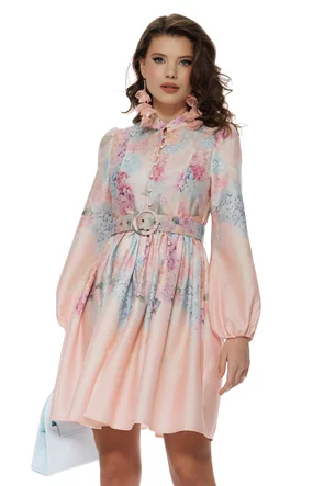 Rochie eleganta mini din bumbac roz imprimeu floral cu buzunare  si curea