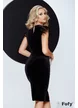Rochie elegantă neagră de catifea Fofy cu decolteu adânc cu pene la umeri si accesoriu pretios brodat cu margele si strassuri
