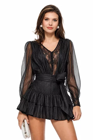 Rochie eleganta neagra din organza si dantela premium cu stralucire fina