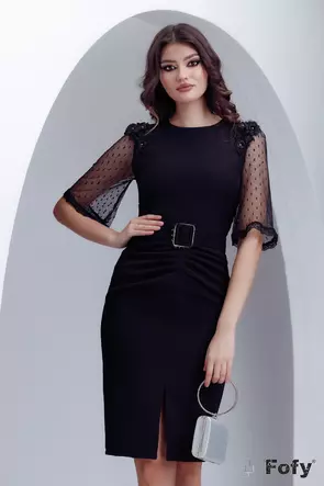  Rochie eleganta neagra Fofy cu maneci de tul si aplicatii de broderie 3D centura inclusa