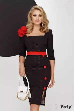 Rochie eleganta office Fofy imprimeu buline decolteu patrat si floare rosie lucrata manual