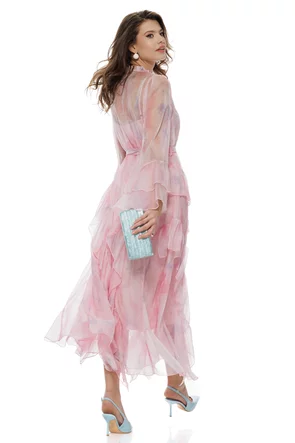 Rochie eleganta roz din organza premium matasoasa cu volane spiralate