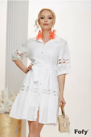 Rochie eleganta stil camasa de vara din bumbac brodat cu aplicatii de dantela