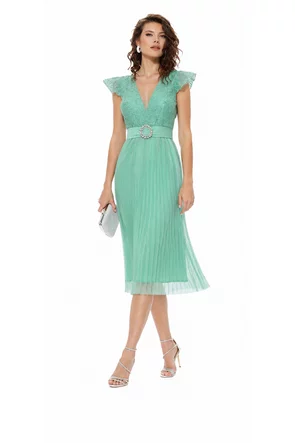 Rochie eleganta turcoaz Fofy croi lejer din tull plisat si bust paiete delicate
