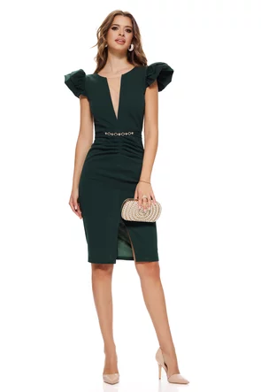 Rochie Fofy elegantă verde cu decolteu adânc elastica cu accesori metalic auriu cu pietre in talie