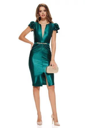 Rochie Fofy elegantă verde smarald lucioasa cu decolteu adânc elastica cu accesori metalic auriu cu pietre in talie