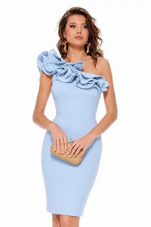Rochie Fofy bleu de ocazie asimetrica cu volane maxi pe umar