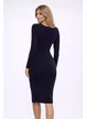Rochie  Fofy bleumarin cu maneci lungi si aplicatie de broderie aurie