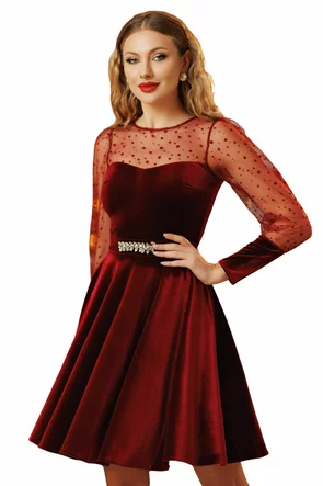 Rochie Fofy clos din catifea bordo cu maneci bufante din tull cu buline