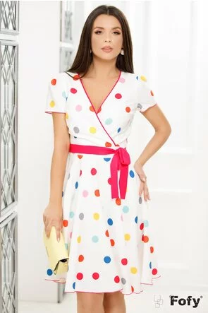 Rochie Fofy clos petrecuta cu imprimeu buline multicolore si detalii fuchsia