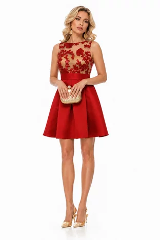 Rochie  Fofy de ocazie  rosie cu spate gol si bust din tull cu paiete