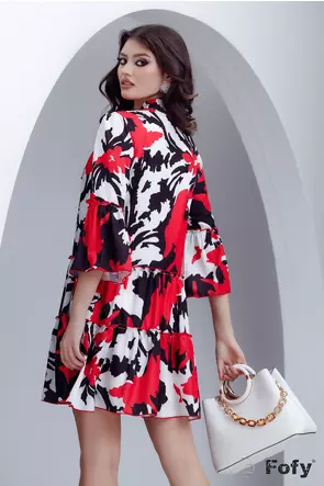 Rochie Fofy din voal satinat imprimeu floral rosu cu esarfa innodata