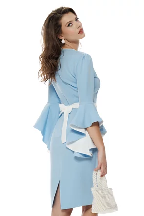 Rochie Fofy eleganta baby blue cu insertii albe si nasturi  tip floare si maneca clopotel