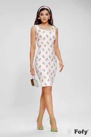 Rochie Fofy eleganta decoltata alba cu trandafiri mici si maneci detasabile