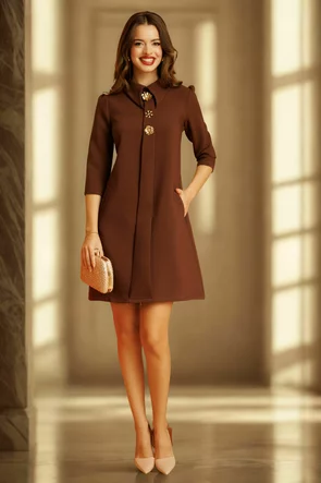 Rochie Fofy eleganta din stofa premium maro cu accesorii sofisticate si guler elaborat
