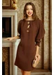 Rochie Fofy eleganta din stofa premium maro cu accesorii sofisticate si maneci elaborate