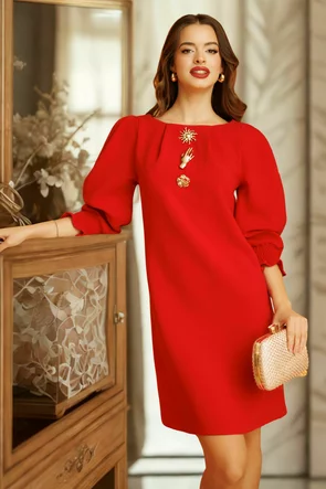 Rochie Fofy eleganta din stofa premium rosie cu accesorii sofisticate si maneci elaborate