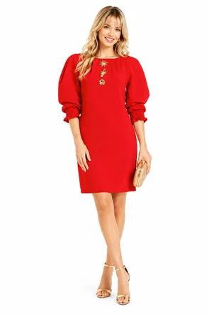 Rochie Fofy eleganta din stofa premium rosie cu accesorii sofisticate si maneci elaborate