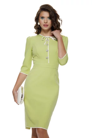 Rochie Fofy eleganta lime cu insertii albe si nasturi pretiosi tip bijuterie