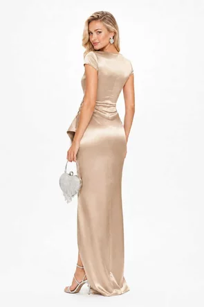 Rochie Fofy elegantă lunga din tafta bej cu nod stilizat