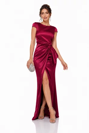 Rochie Fofy elegantă lunga din tafta bordo cu nod stilizat