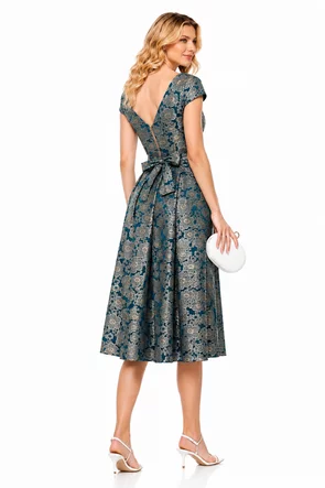 Rochie Fofy elegantă midi verde petrol cu imprimeu floral jacquard și decolteu în V