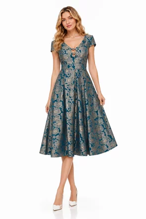 Rochie Fofy elegantă midi verde petrol cu imprimeu floral jacquard și decolteu în V