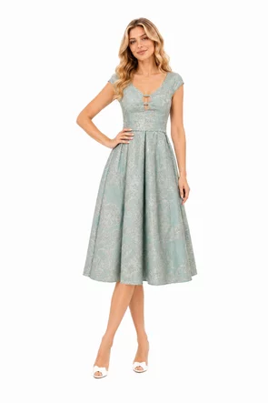Rochie Fofy elegantă midi vernil cu imprimeu floral jacquard și decolteu în V