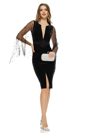 Rochie Fofy elegantă neagră cu decolteu adânc maneci din tull margele si broderie spectaculoasa din margele