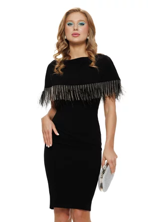 Rochie Fofy elegantă neagra cu volan  accesorizat  cu stasuri si pene