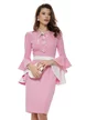 Rochie Fofy eleganta roz cu insertii albe si nasturi  tip floare si maneca clopotel