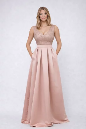 Rochie Fofy lungă elegantă din tafta roz bust din tull cu gliter si  decolteu in V