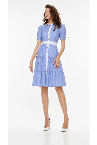 Rochie Fofy eleganta de vara alba cu dungi bleu din bumbac stil camasa
