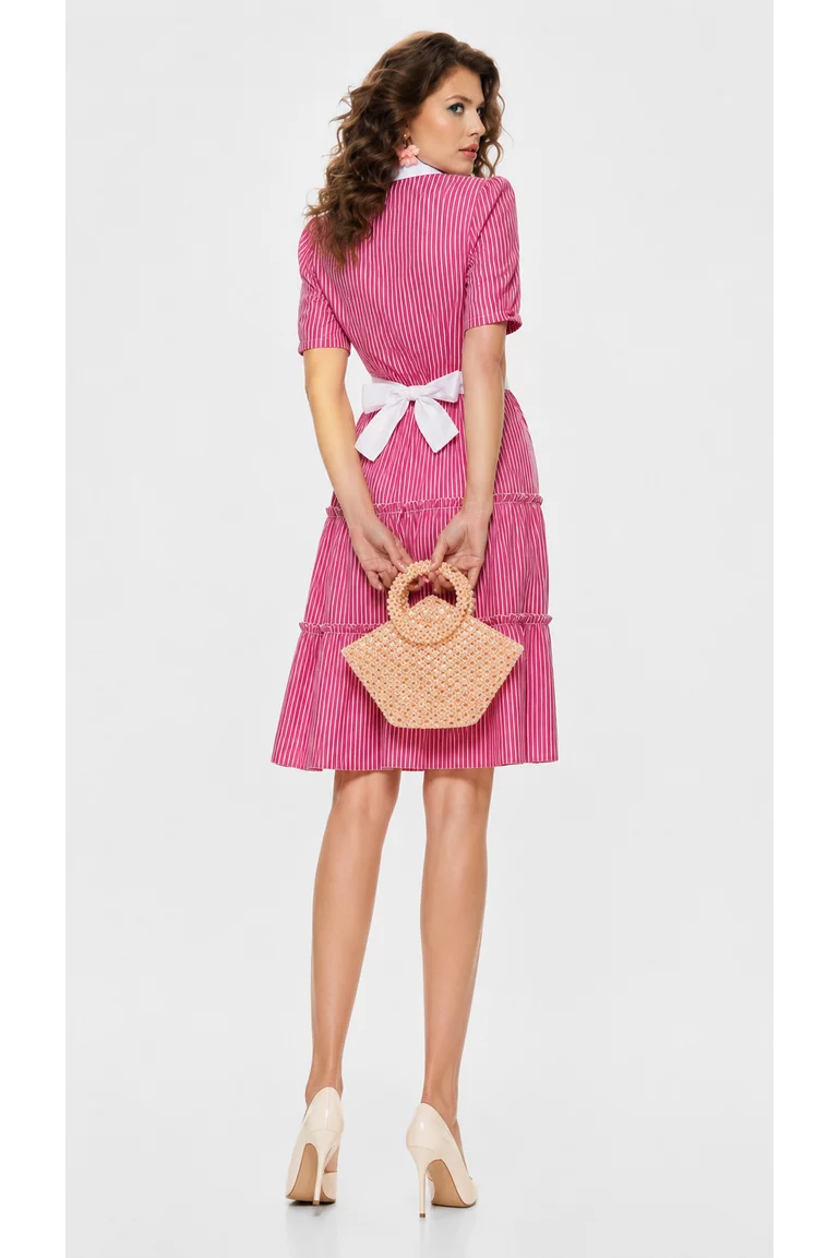 Rochie Fofy eleganta de vara rosie cu dungi fine albe din bumbac stil camasa picture - 2
