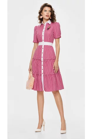 Rochie Fofy eleganta de vara rosie cu dungi fine albe din bumbac stil camasa