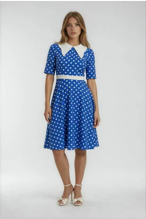 Rochie Fofy retro midi albastra cu buline albe și guler alb supradimensionat