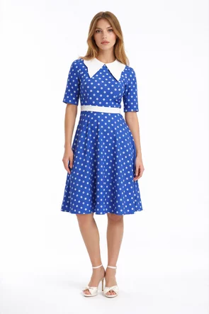 Rochie Fofy retro midi albastra cu buline albe și guler alb supradimensionat