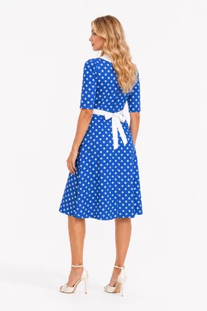 Rochie Fofy retro midi albastra cu buline albe și guler alb supradimensionat