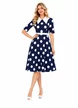 Rochie Fofy retro midi bleumarin cu buline mari albe și guler alb supradimensionat