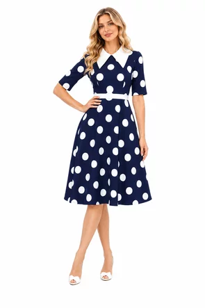 Rochie Fofy retro midi bleumarin cu buline mari albe și guler alb supradimensionat