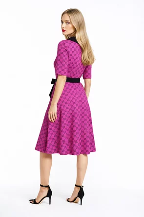 Rochie Fofy retro midi ciclame cu imprimeu negru și guler negru supradimensionat