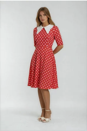 Rochie Fofy retro midi corai cu buline albe și guler alb supradimensionat