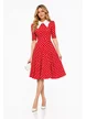 Rochie Fofy retro midi corai cu buline albe și guler alb supradimensionat