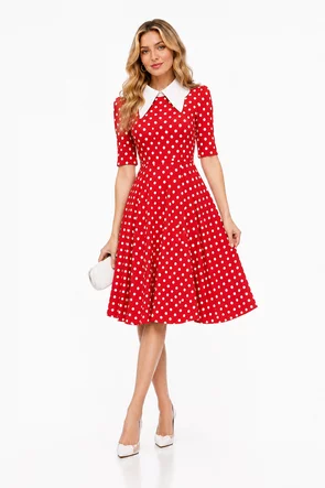 Rochie Fofy retro midi corai cu buline albe și guler alb supradimensionat
