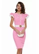 Rochie Fofy roz cu volane la mâneci, talie marcată și detalii elegante