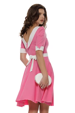 Rochie Fofy roz si dungulite fine cu guler retro la contrast si cordon