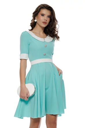 Rochie Fofy verde menta si dungulite fine cu guler retro la contrast si cordon