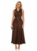 Rochie lunga eleganta din satin maro guler fald si curea toamna 2026 picture - 1
